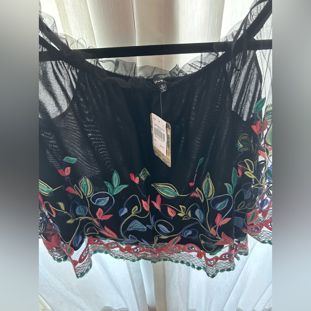 Black Off Shoulder Blouse with Flower Appliqué Details in Size S - Picture 2 of 7